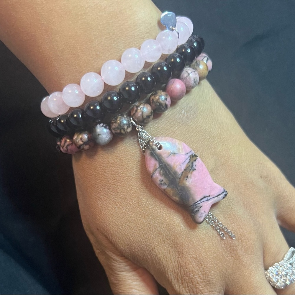 Faith Fish Natural Stone 3 Bracelet Set w Rhodochrosite Fish - Picture 3 of 6